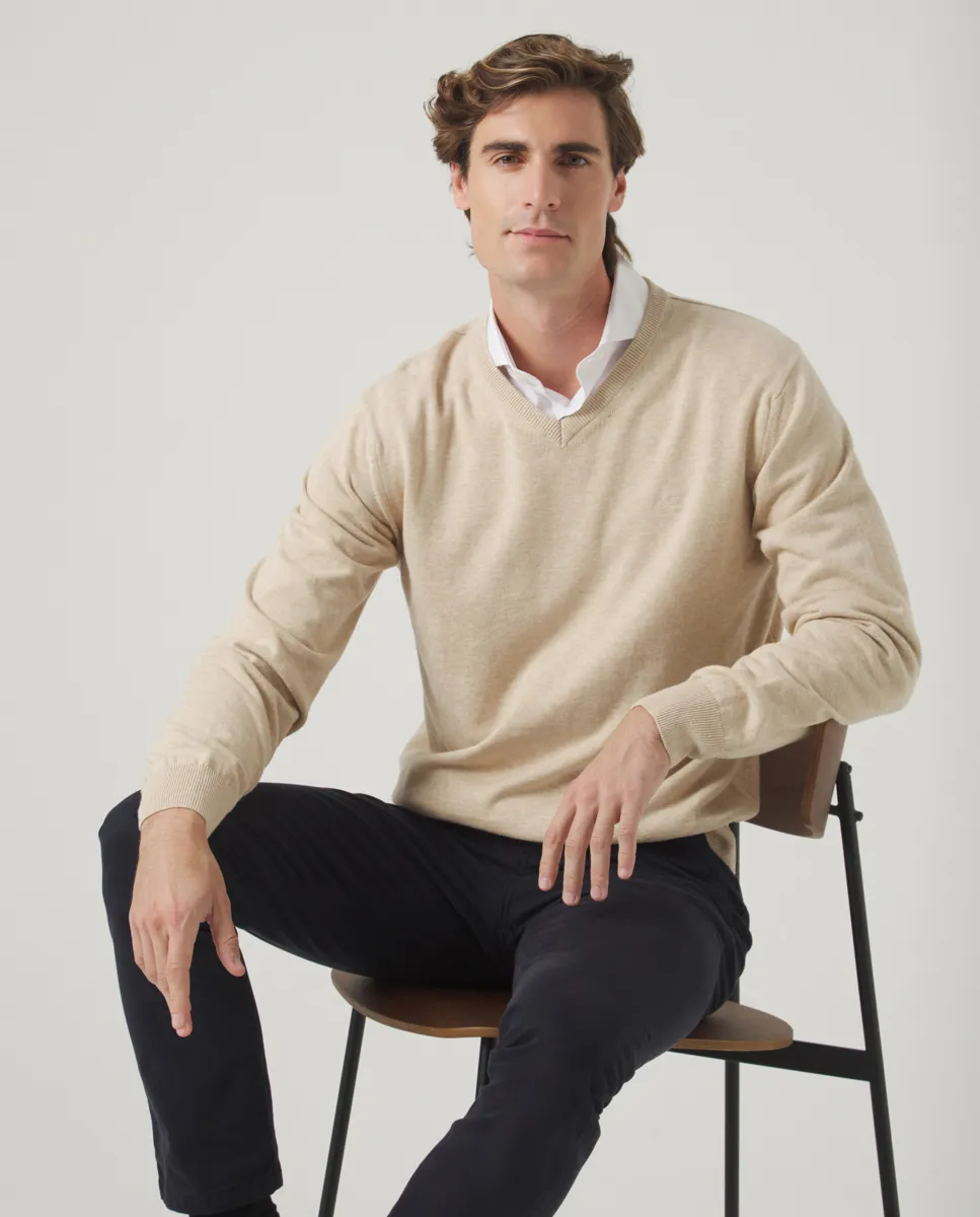 Jersey Classic V Neck Cotton Beige - Image 5